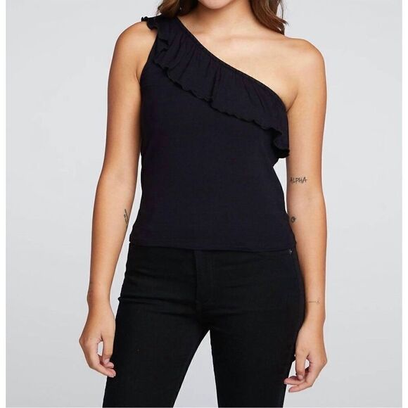 Chaser One Shoulder Ruffle Top In True Black NEW - Picture 1 of 6